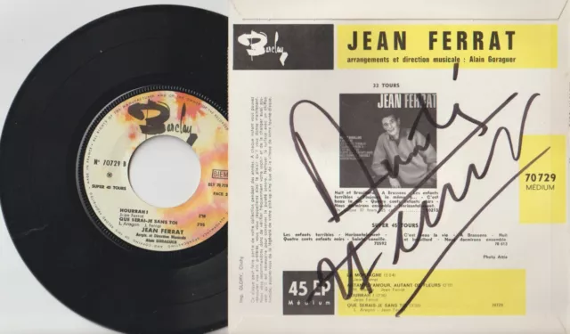 45T. JEAN FERRAT. DEDICACE au verso Pochette. signé, autographe. La montagne +3