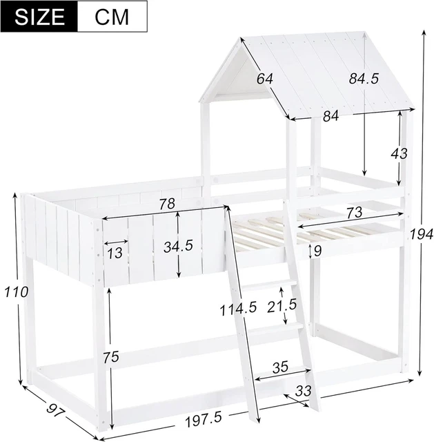 BUNK BED WITH Guard Rail 3FT Wooden Cabin Beds Single Loft Bed Guard