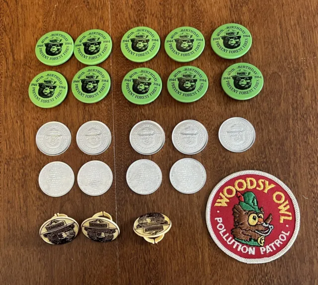 23 Vintage Smokey The Bear Rings, Pins, Coins & Woodsy Owl Patch, Environment.