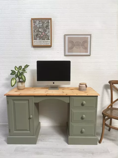 Solid pine desk with drawers moss pastel green painted dressing table cottage