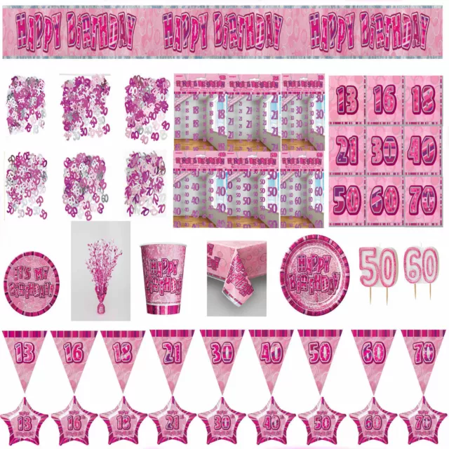 Pink Glitz Birthday Tableware Ages 13-60 Party Supplies Plates Banners Candle