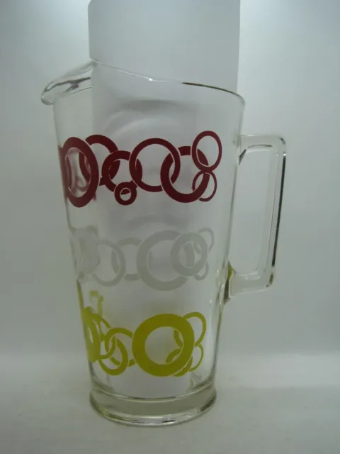 Vintage 1950s Jeannette Glass Beer Pitcher Yellow, White and Red Circles