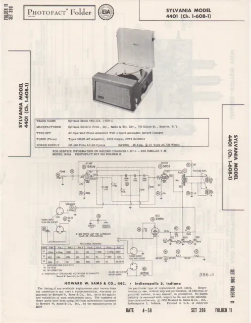 1958 SYLVANIA 4401 record player PHONOGRAPH SERVICE MANUAL photofact schematic