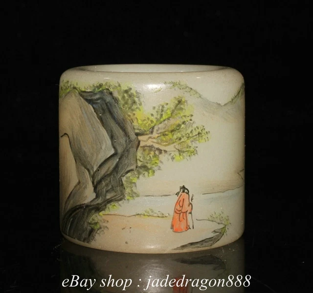 1.6" Chinese Marked Glaze Cloisonne Mountain  Water Tree Words Human Jade Ring