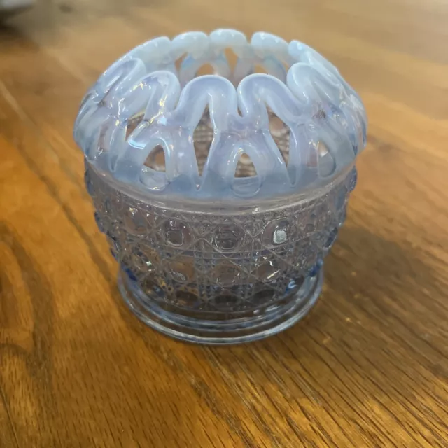 Vintage Imperial Glass Katy Blue Opalescent  Laced Edge Dish/Frog/Votive Holder