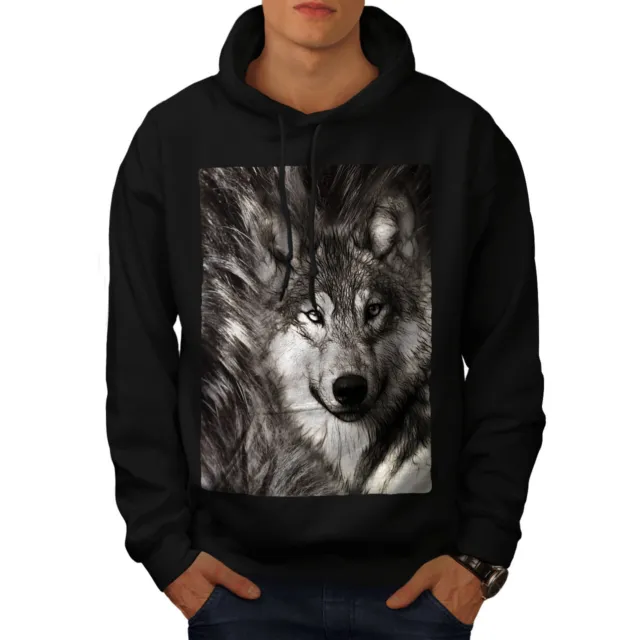Wellcoda Lonely Wolf Face Mens Hoodie, Wild Casual Hooded Sweatshirt