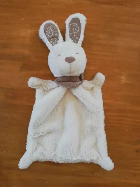 Doudou Nicotoy Lapin Plat Blanc Bandana Marron Beige Rectangle