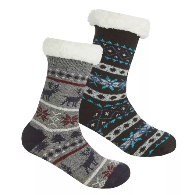 Childrens / Boys Fairisle Fully Fleece Lined Warm & Cosy Winter Slipper Socks