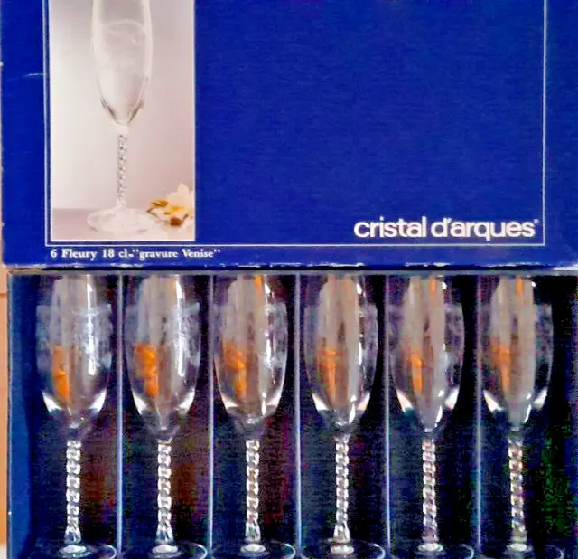 Cristal d'Arques coffret de 6 flutes a champagne fleury gravure venise