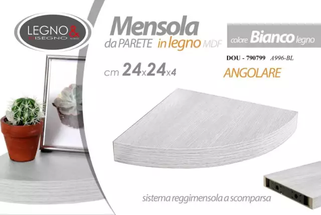 MENSOLA PARETE ANGOLARE ANGOLO SCAFFALE RIPIANO STAFFA MODERNO BIANCA LEGNO 24cm