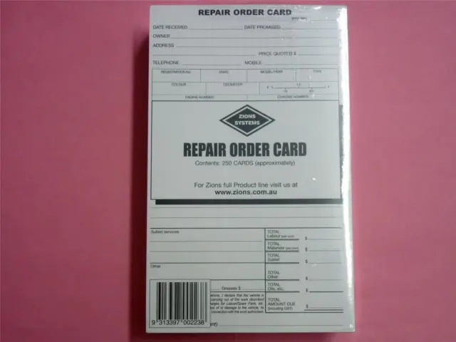 NEW 250x Zions Systems Repair Order Card Double Sided ROC Mechanics Auto Body 2