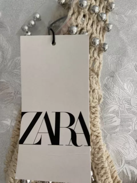 ZARA SILVER BEADED Embellished Knit Crochet Fabric Shoulder Purse