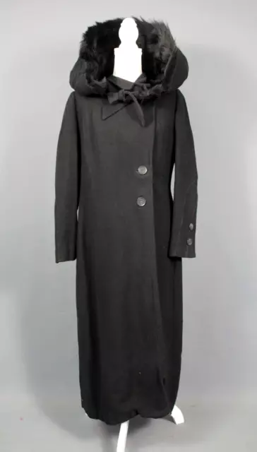 VTG Women's 30s Black Coat W/ Fur Trim Hood 1930s Sz S/M Floor Length Coat