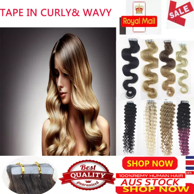 18" 7A Tape In Curly & Wavy 100% Remy Human Hair Extensions Thick Skin Weft AUS