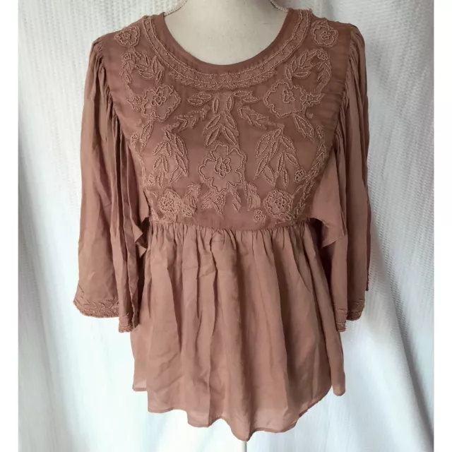 Love Sam Top XS Boho Peasant Dusty Rose Beaded Floral Semi Sheer Cottage Core