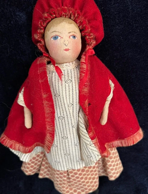 Vintage Cloth Doll Handpainted Face 8 3/4 IN Antique Fabric Red Riding Hood Doll
