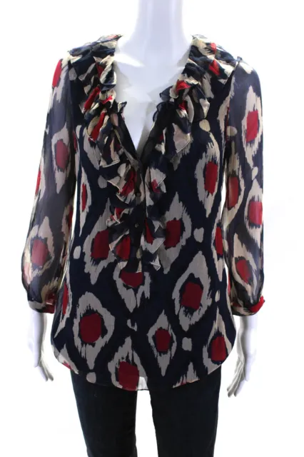 Diane Von Furstenberg Womens Silk Textured Spotted Print Blouse Blue Red Size 6