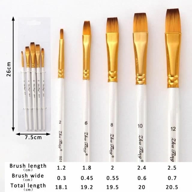 Set di Pennelli Artista Nylon Capelli Legno Nero Manico Acquerello Acrilico Olio 5