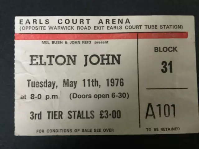 Elton John Earls Court Arena Concert Ticket Stub May 11th 1976 📦
