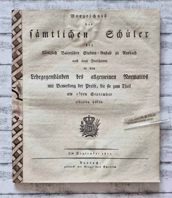 1811 Verzeichniß Schüler baierischen Studien Anstalt Ansbach Broschüre Papier