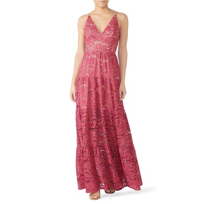 Dress the Population Melina Lace Maxi Dress XS Sleeveless V-Neck Fuchsia Pink