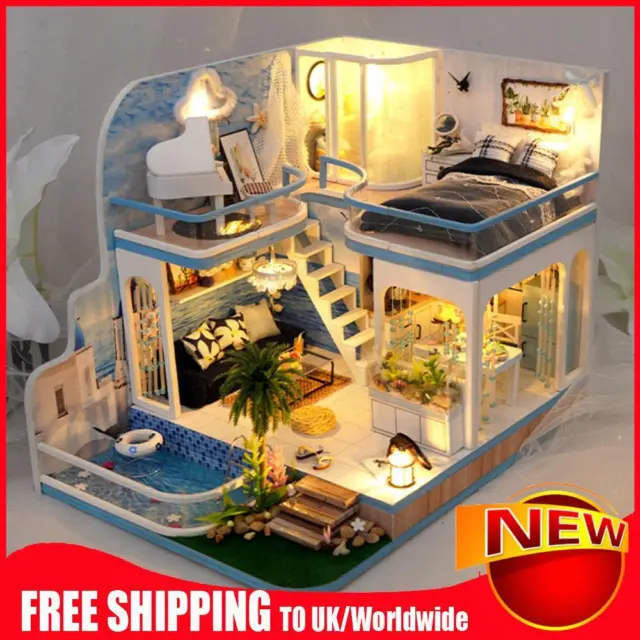 Wooden Miniature Dollhouse Kit with Dust Cover/Light/Accessories for Boys Girls