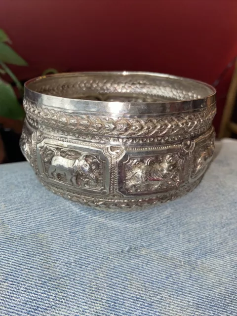 Vintage Burmese Thai Silver Offering Bowl Repousse Zodiac C1900