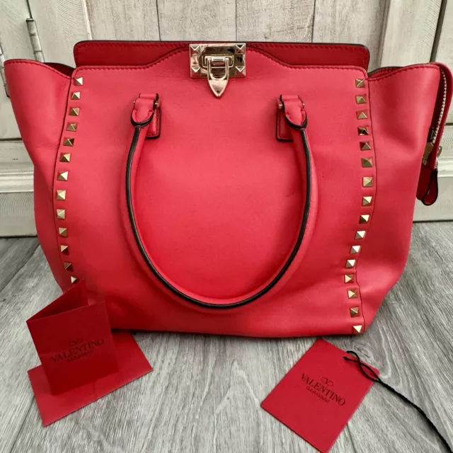 Valentino Women's Rockstud Red Leather Medium Studded Tote Bag w/Shoulder Strap