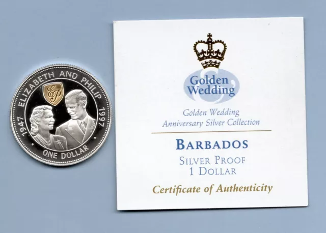 Barbados 1997 One Dollar, Proof Silver Coin With 22Ct Gold Cameo + Cert. $1.