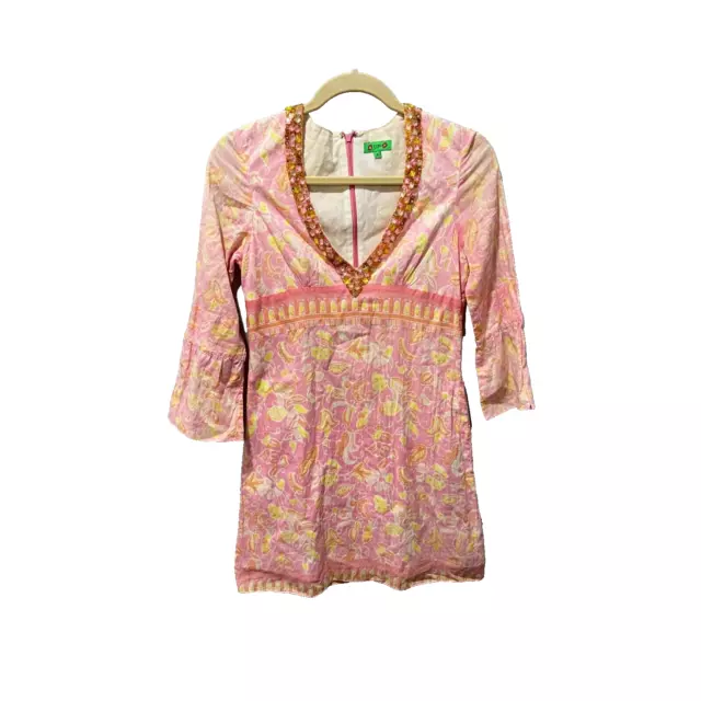 Tibi Womens Pink Knit Paisley Floral Summer Dress Size 0 Rhinestone Long Sleeve