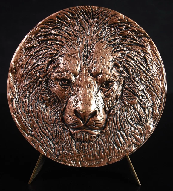 MÉDAILLE TÊTE DE lion Jacques Birr c1990 animal félin uniface french
