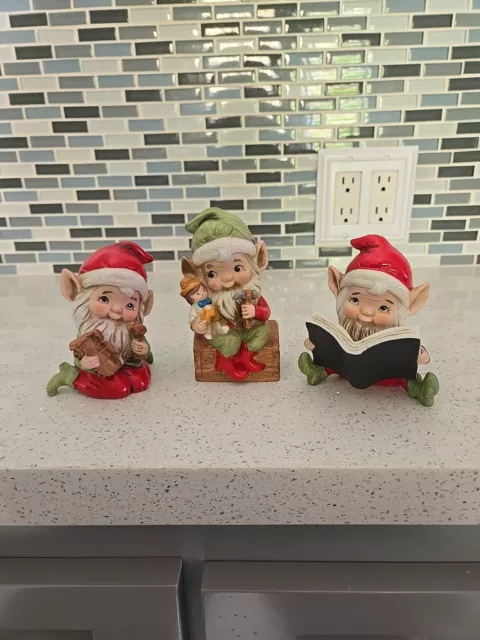 Homco Vintage Christmas Elf Elves Figurines Ceramic Set Of Three 3 Santa #5406