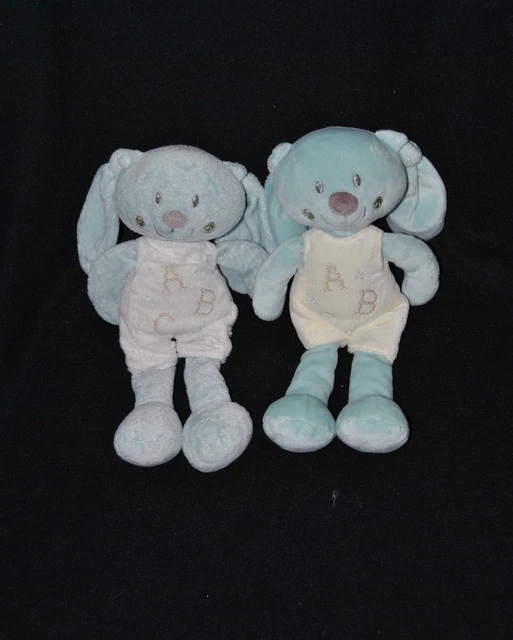 Lot 2 doudou peluche lapin POMMETTE bleu salopette blanc crème ABC 25/35 cm