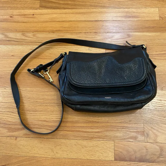 Fossil Peyton Purse Black Leather Crossbody Double Flap Bag Key Medium Size