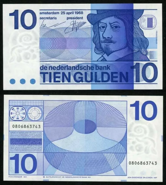 Beautiful Crisp Uncirculated 1968 Netherlands Banknote 10 Gulden Frans Hals Bust