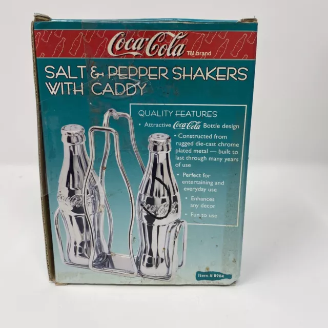 Coca Cola Chrome Salt & Pepper Shakers With Caddy - Nib 3