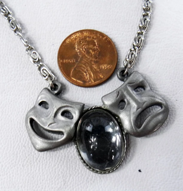 Vintage HMS Comedy & Tragedy Theater silver tone necklace 17" mask happy sad Vintage HMS Comedy & Tragedy Theater silver tone necklace 17" mask happy sad