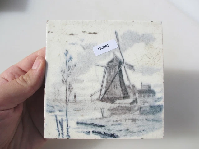 Antique Ceramic Tile Vintage French Village Boats River Cottage Farm Windmill