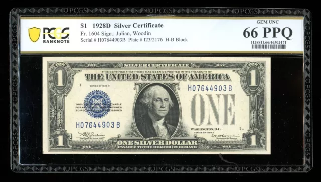 DBR Rare 1928-D $1 Silver Gem Fr. 1604 HB Block PCGS-B 66 PPQ Serial H07644903B