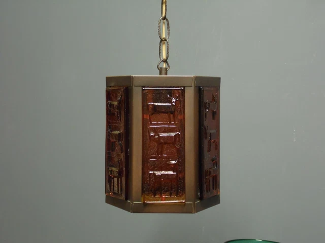 Vintage 1950s/1960s Erik Hoglund Boda glass panels copper lantern ceiling light