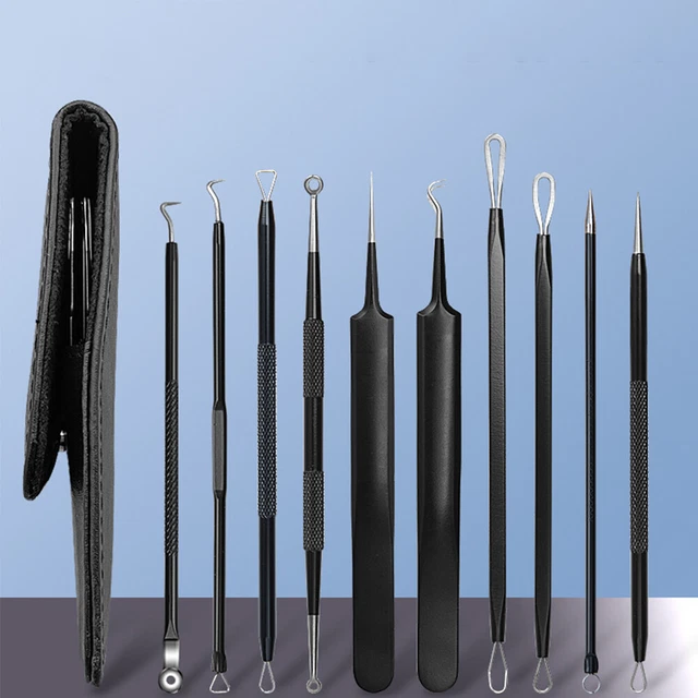 10pcs Double End Extruder Stainless Steel Black Blackhead Remover Set Portable
