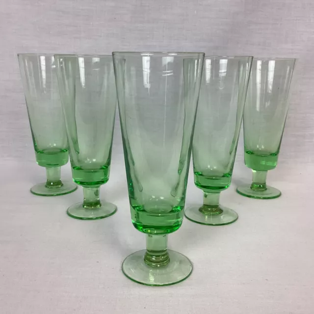 Set of 5 Green Glass Pedestal Beer or Cocktail Glasses ( 10D) MO#8658