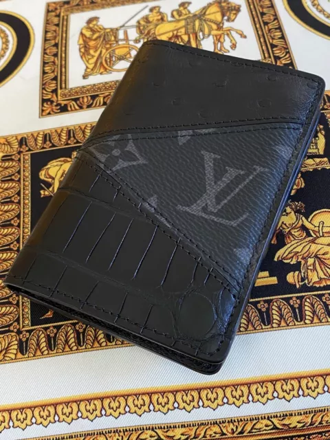 Louis Vuitton Black Crocodile Ostrich Monogram Eclipse Pocket Organizer  Wallet