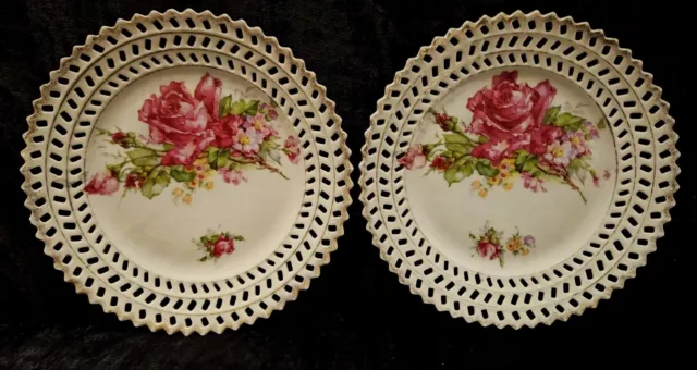 ANTIQUE 1800s PAIR  STYLED.PINK ROSES CUTOUT PORCELAIN PICTURE PLATES