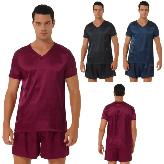 Men's Satin Silky Pajamas Set Short Sleeve T-shirt Shorts Sleepwear Loungewear