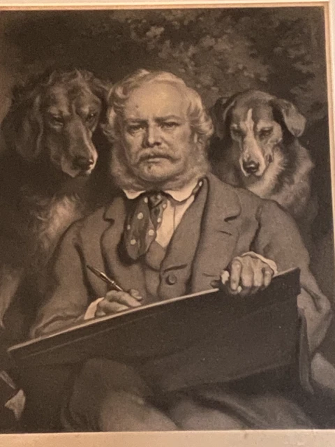 Large Antique Rare E. Landseer Signed Self Portrait With Dogs 1867 Hound Setter