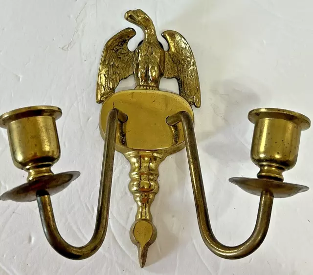 Vintage 1950'S Wall Sconce Double Candle Holder Solid Brass With American Eagle