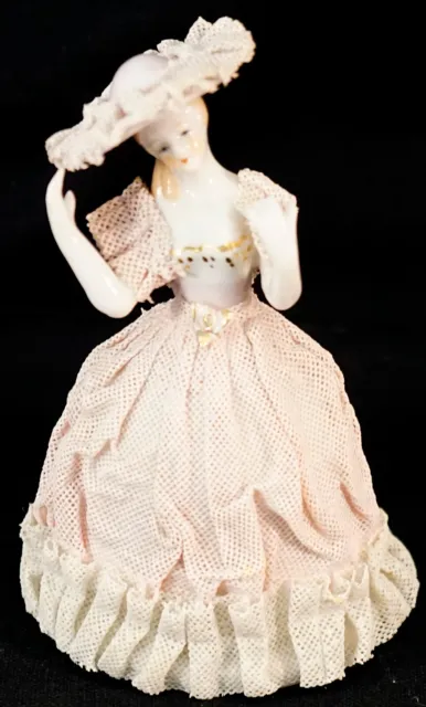 Porcelain Lady Figurine In Pink Lace Dress with Wide Brimmed Hat
