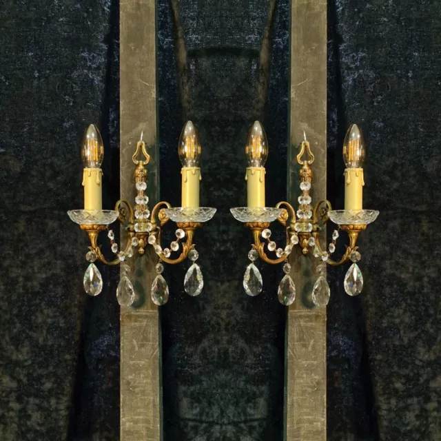 Beautiful Pair of Antique French 2 Arm Brass Crystal Wall Lights Sconces