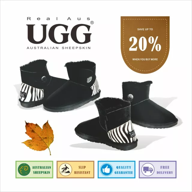 Ugg Real Aus 100%Australian Sheepskin Wool Women One Button Zebra Pattern Black